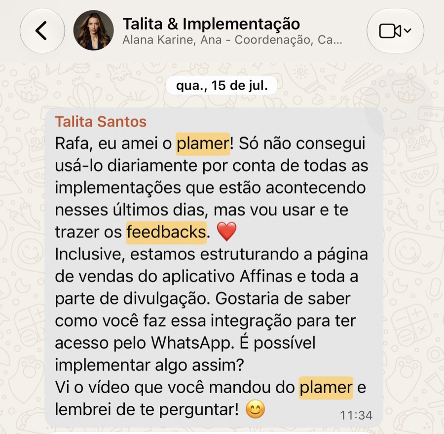 Feedback de Talita Santos no WhatsApp